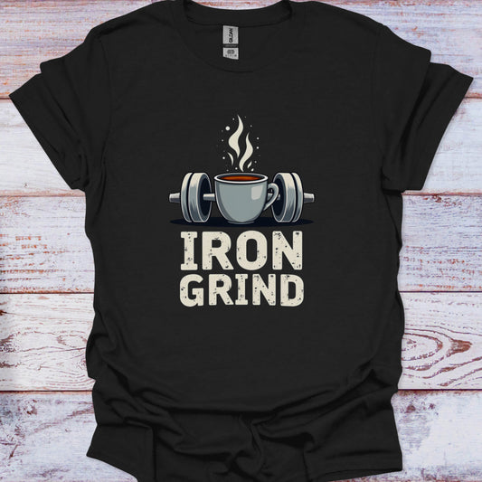 Black t-shirt with 'Iron Grind' graphic featuring a coffee cup and weights on a wooden surface.
