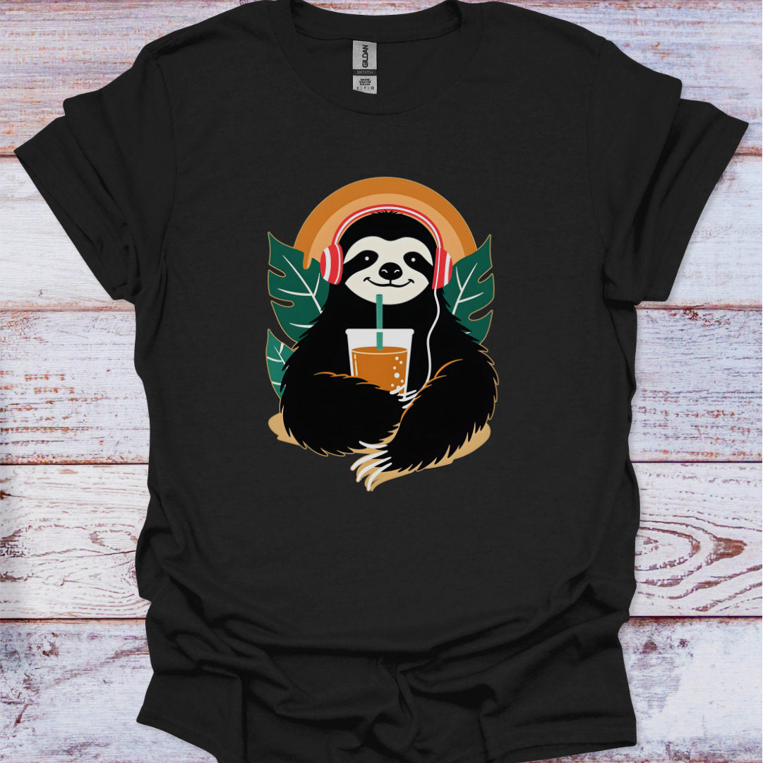 Black t-shirt with a sloth graphic holding a drink on a wooden surface