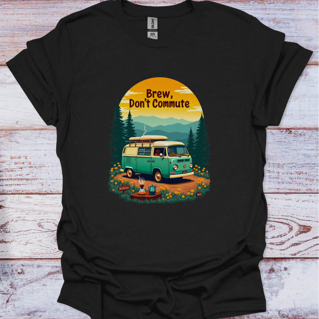 Black t-shirt with a graphic of a van and trees, and text 'Brew, Don't Commute' on a wooden surface.