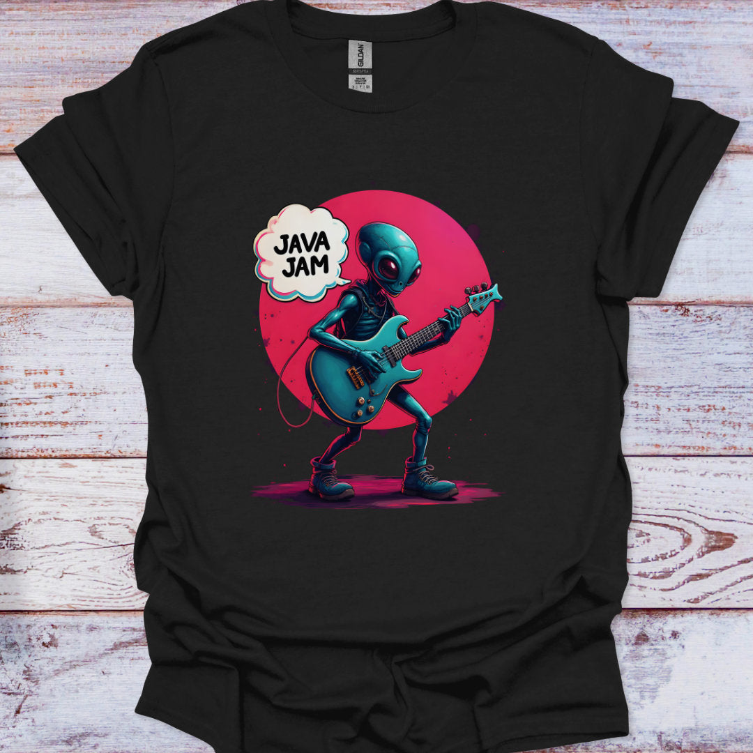 Black t-shirt with an alien playing guitar and 'Java Jam' text on a wooden surface