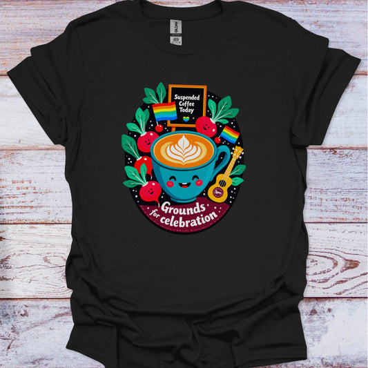 Black t-shirt with a colorful coffee-themed graphic on a wooden surface