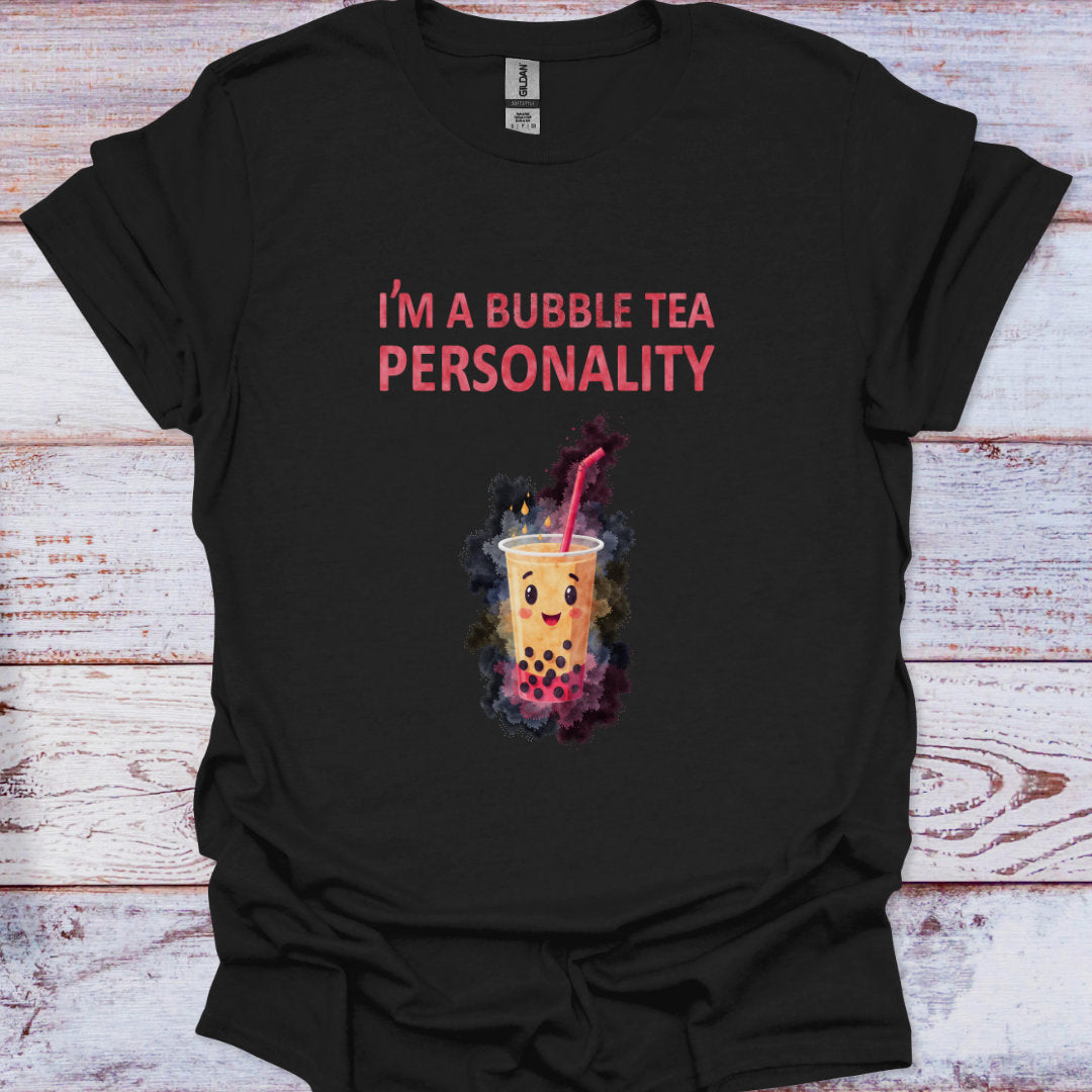 Black t-shirt with bubble tea graphic and text on a wooden surface