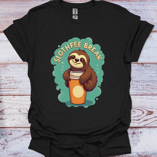 Black t-shirt with a sloth holding a coffee cup graphic and 'SLOTHFEE BREAK' text on a wooden surface.