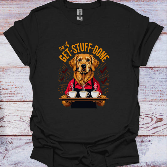 Black t-shirt with a graphic of a dog holding coffee cups and text 'Get Stuff Done' on a wooden surface.