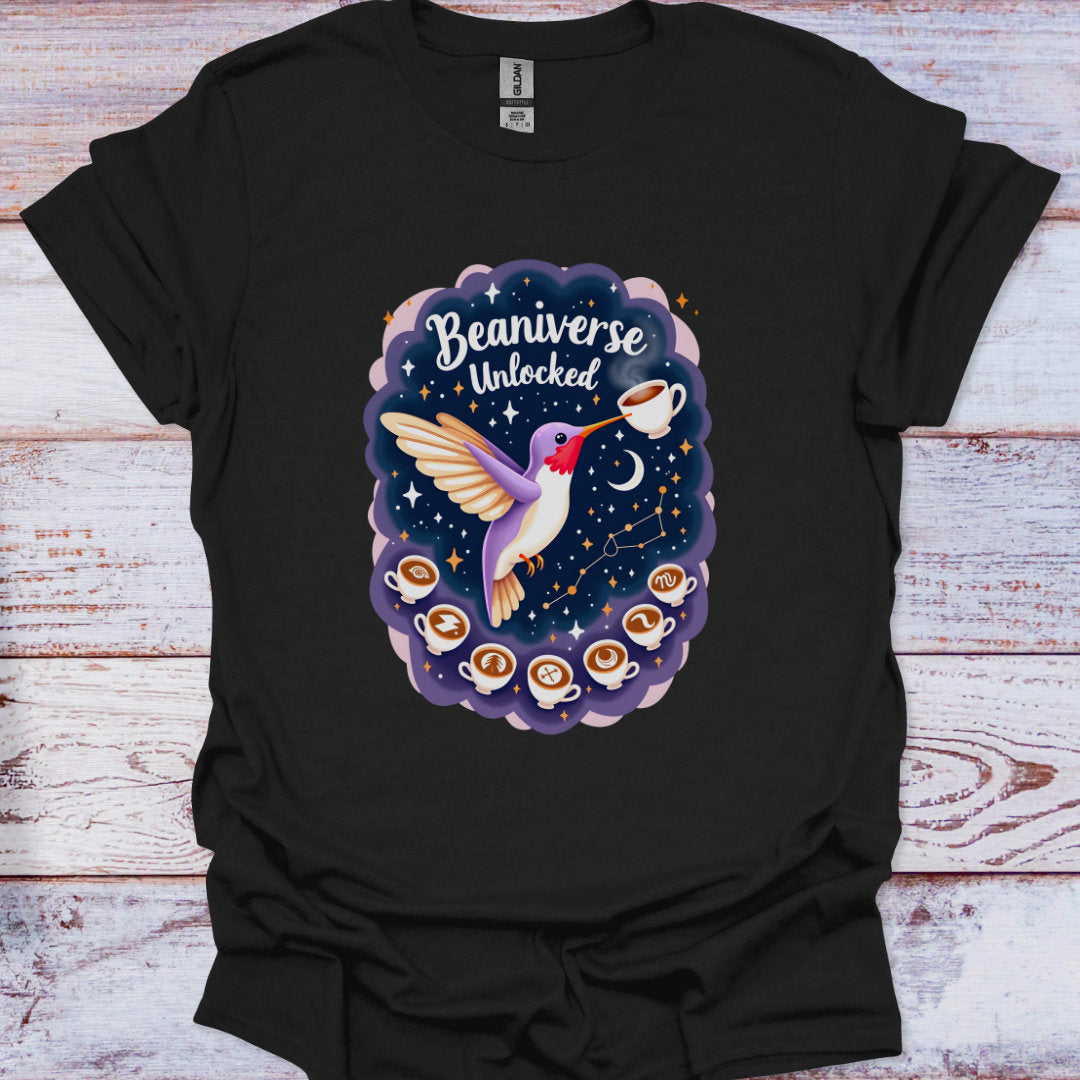Black t-shirt with a colorful graphic of a hummingbird and coffee cups on a wooden surface