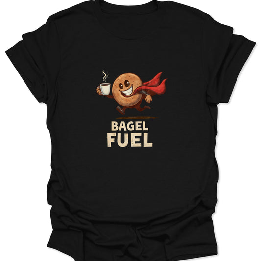 Black t-shirt with a cartoon graphic of a running bagel superhero wearing a red cape and holding a cup of steaming coffee, with the text "BAGEL FUEL" below.