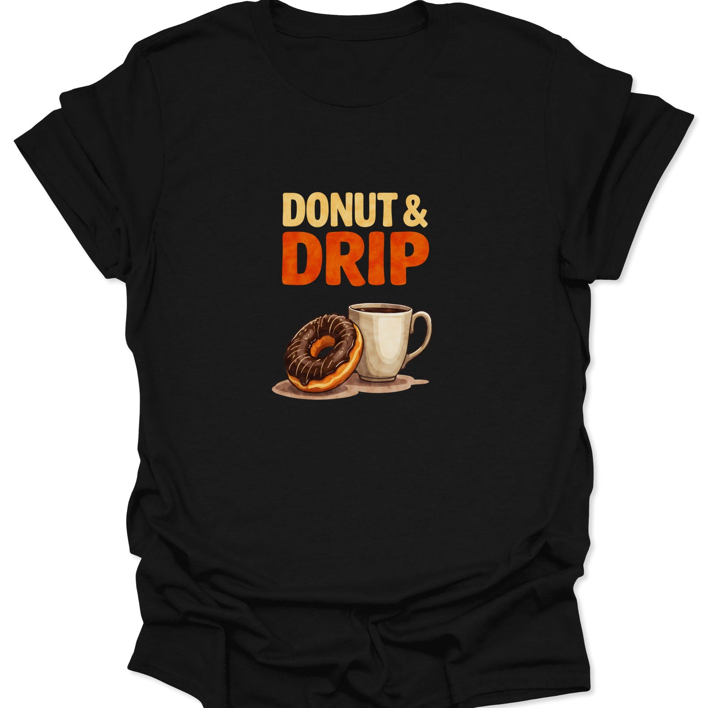 Black graphic tee with a retro orange-and-yellow "DONUT & DRIP" text and realistic illustration of a dark chocolate donut and white coffee mug.
