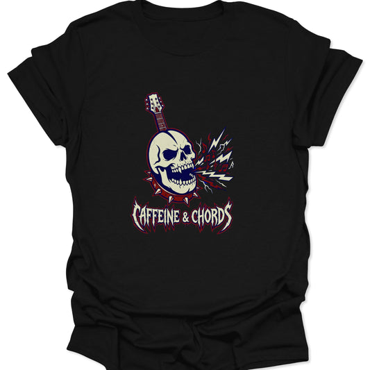 A black t-shirt featuring a "Caffeine & Chords" graphic with a screaming skull electric guitar and lightning bolts.