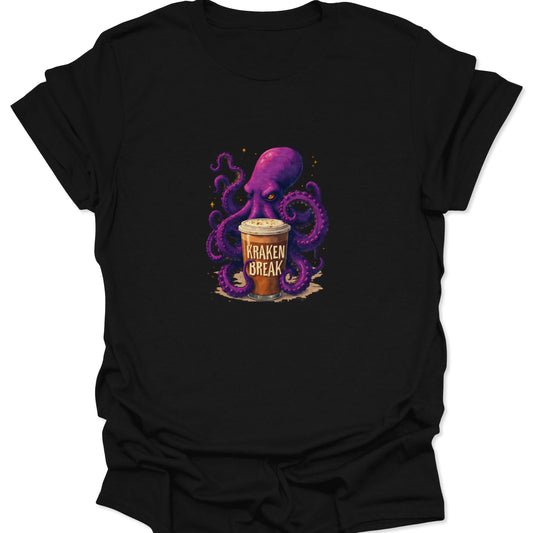 Black t-shirt with a detailed, purple Kraken octopus wrapping its tentacles around a brown coffee mug reading "KRAKEN BREAK."