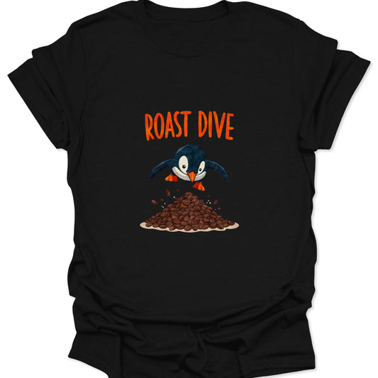 Black t-shirt with orange and blue Roast Dive graphic; a penguin cartoon plunging into a heap of dark roasted coffee beans with the text above.