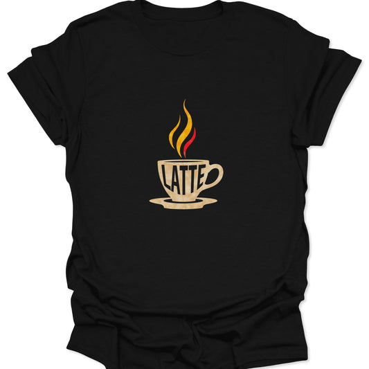Black t-shirt with a centered, bold graphic of a white typography-based LATTE coffee cup with yellow and red flame steam.