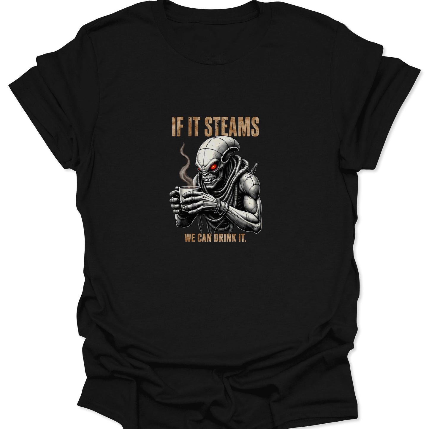 Detailed digital art of a coffee-drinking alien/cyborg with glowing red eyes and steaming mug, printed on a black graphic tee with gold text.