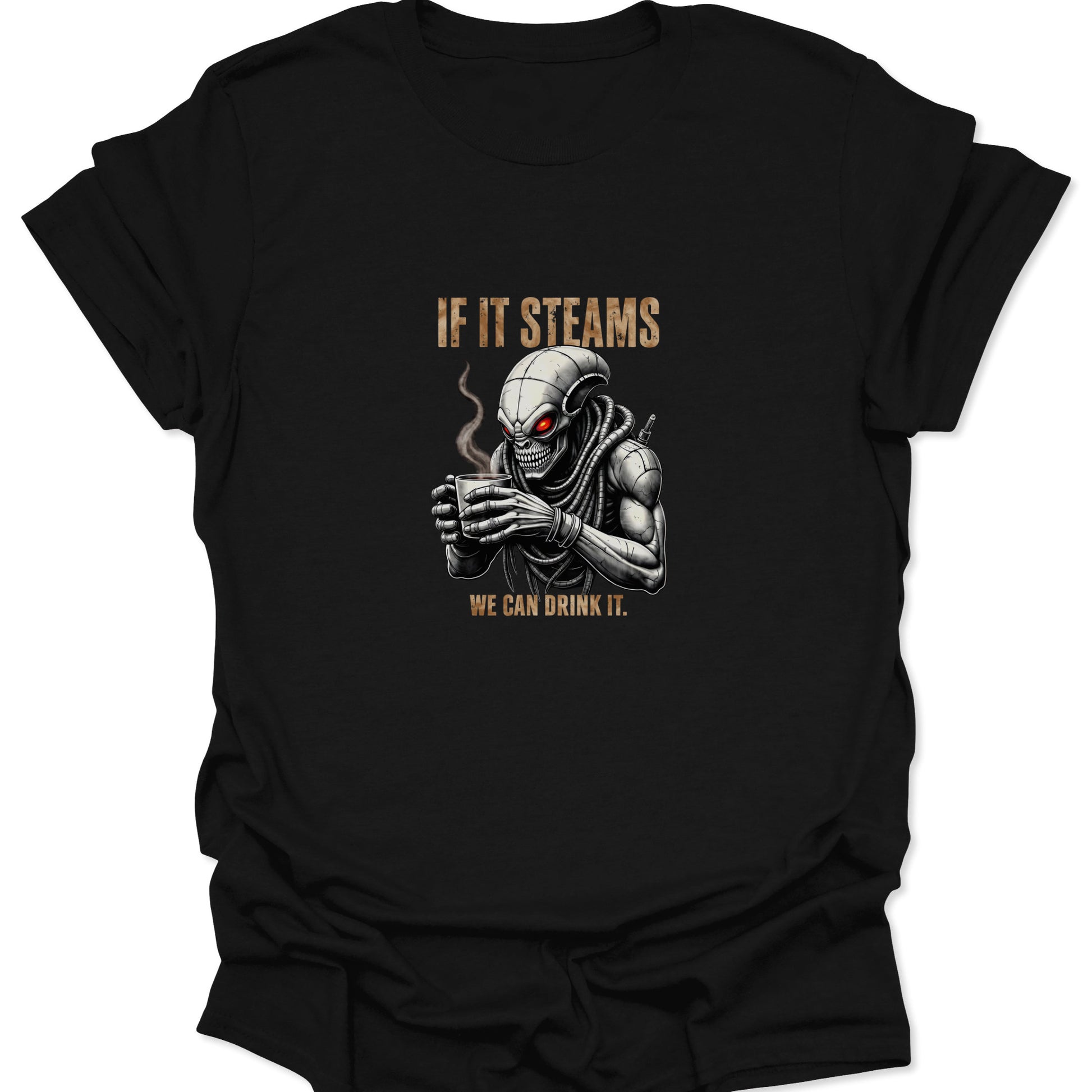 Detailed digital art of a coffee-drinking alien/cyborg with glowing red eyes and steaming mug, printed on a black graphic tee with gold text.
