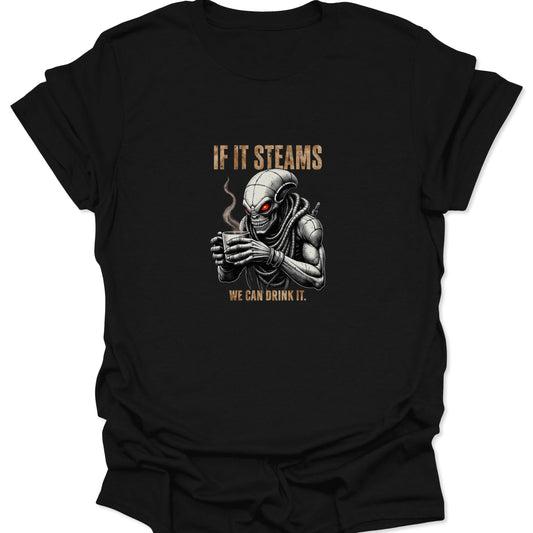 Detailed digital art of a coffee-drinking alien/cyborg with glowing red eyes and steaming mug, printed on a black graphic tee with gold text.