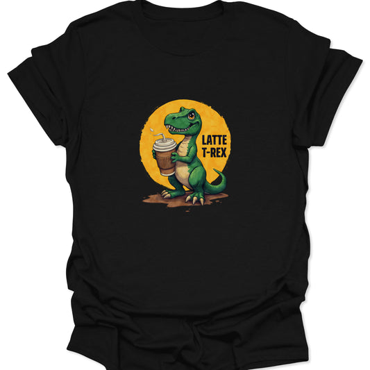 A green T-Rex cartoon holding a coffee cup, against an orange circle, printed on a black cotton t-shirt. Text reads "LATTE T-REX."