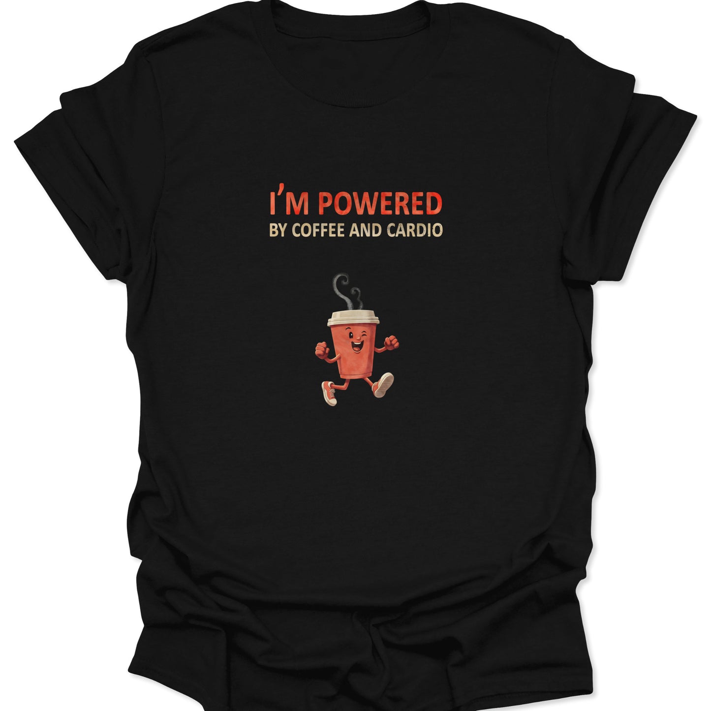 Black t-shirt featuring a jogging coffee cup cartoon with sneakers, fitness humor design.