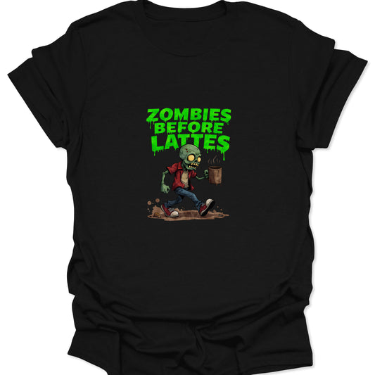 Close-up of black t-shirt with a green "Zombies Before Lattes" text graphic and an illustration of a running, cartoon zombie holding a coffee mug.