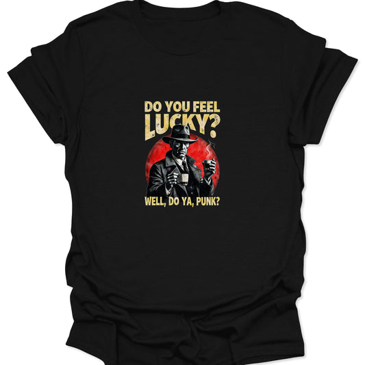Black shirt with striking red and yellow graphic of a trench coat detective holding a coffee cup, overlaid with "DO YOU FEEL LUCKY? WELL, DO YA, PUNK?" text.
