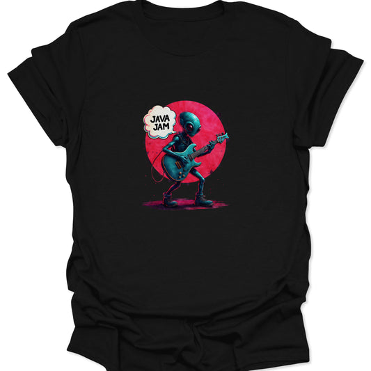 Close-up of black t-shirt with vivid alien guitarist graphic. Teal-skinned alien playing a blue guitar with a red circle backdrop and "Java Jam" text bubble. Technical programmer humor graphic.