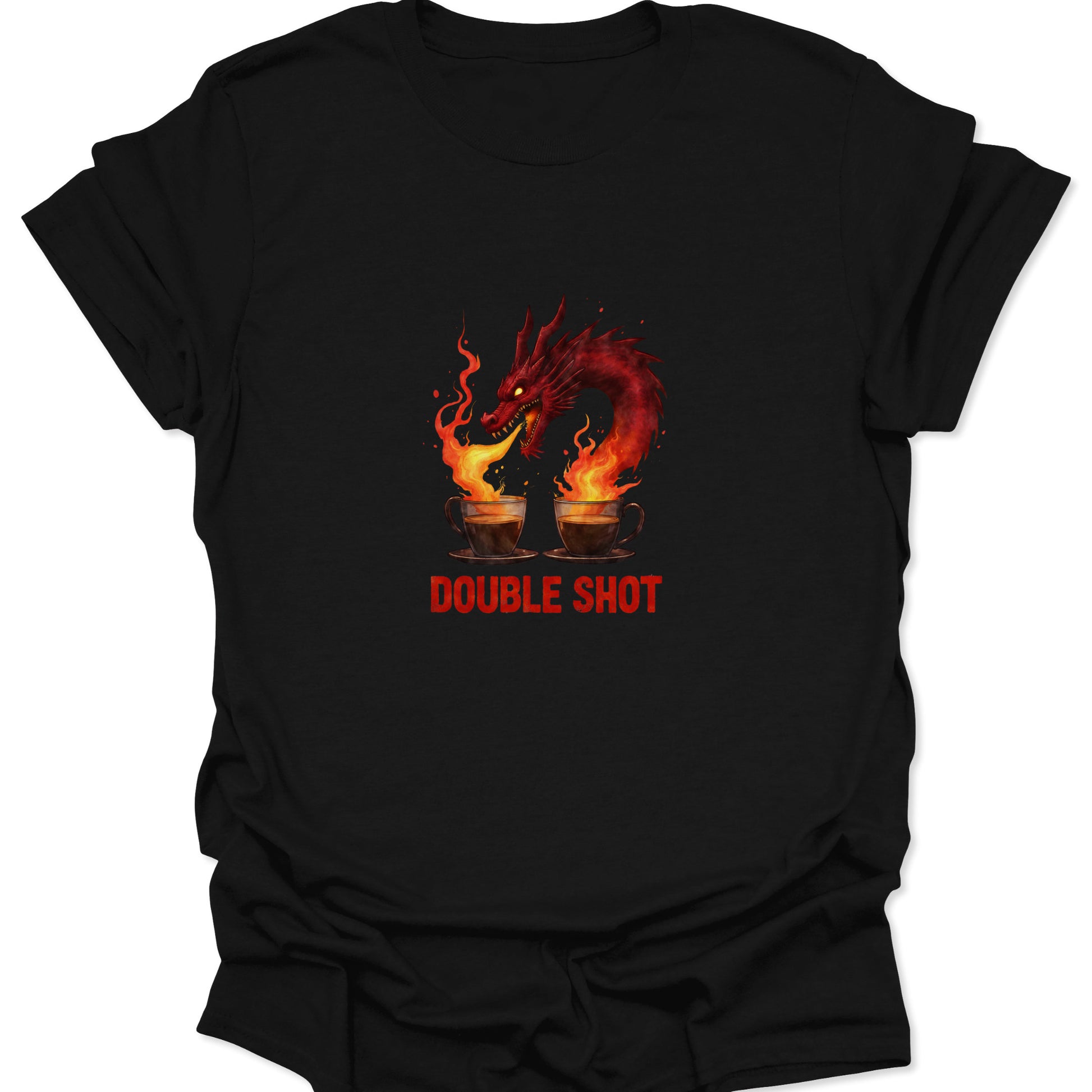 Dragon Double Shot Espresso T-Shirt in black fabric, featuring a red dragon and fiery coffee cups.