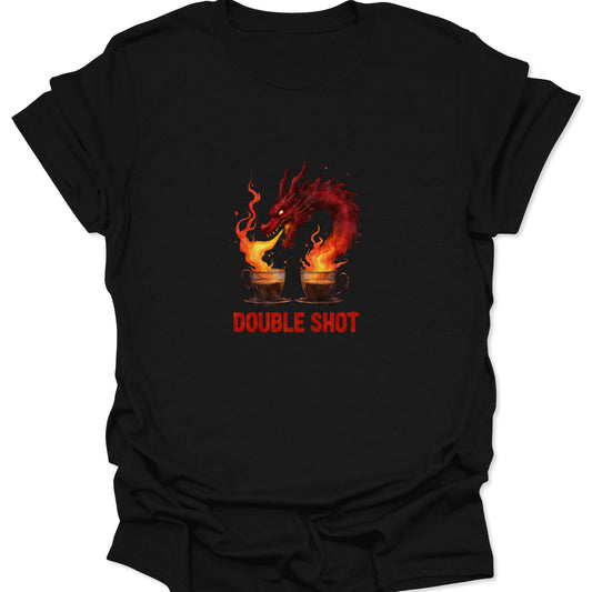 Dragon Double Shot Espresso T-Shirt in black fabric, featuring a red dragon and fiery coffee cups.
