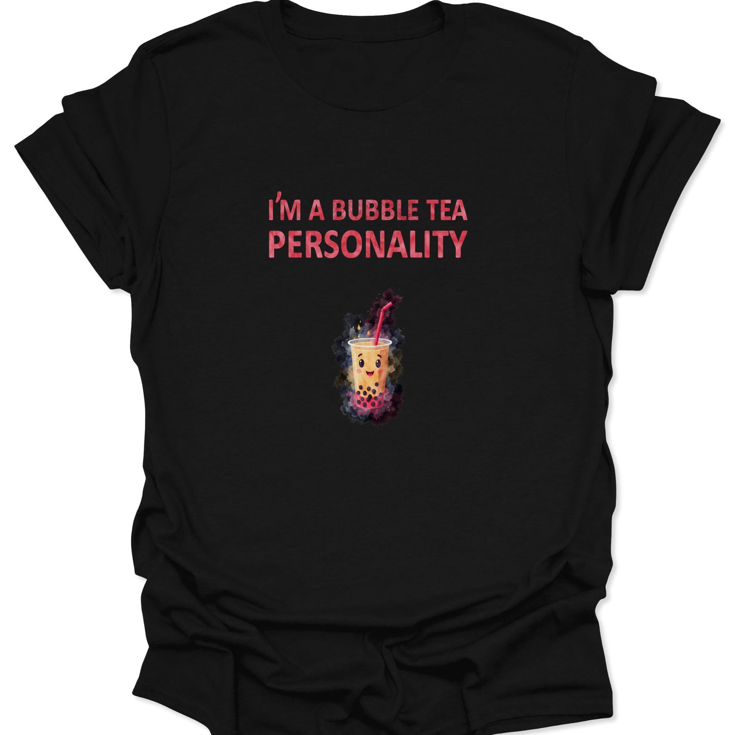 Black t-shirt featuring a cute smiling boba cup graphic and pink text reading "I'm A Bubble Tea Personality."