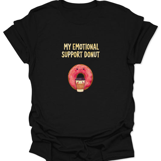 Kawaii smiling pink donut and coffee cup illustration on Black t-shirt with text My Emotional Support Donut.
