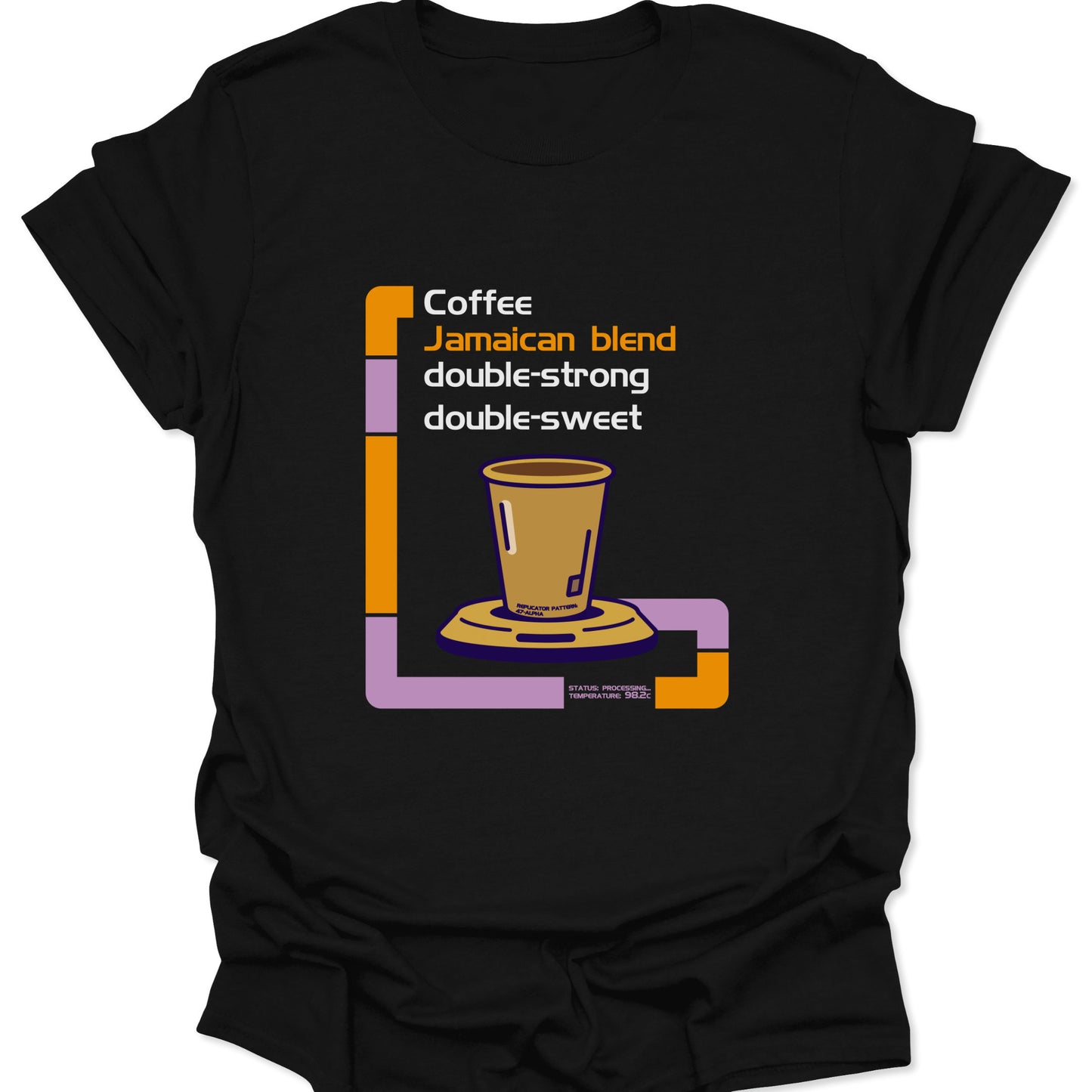 A black graphic t-shirt featuring a colorful orange and purple LCARS-style replicator interface displaying a coffee order for a Jamaican blend.
