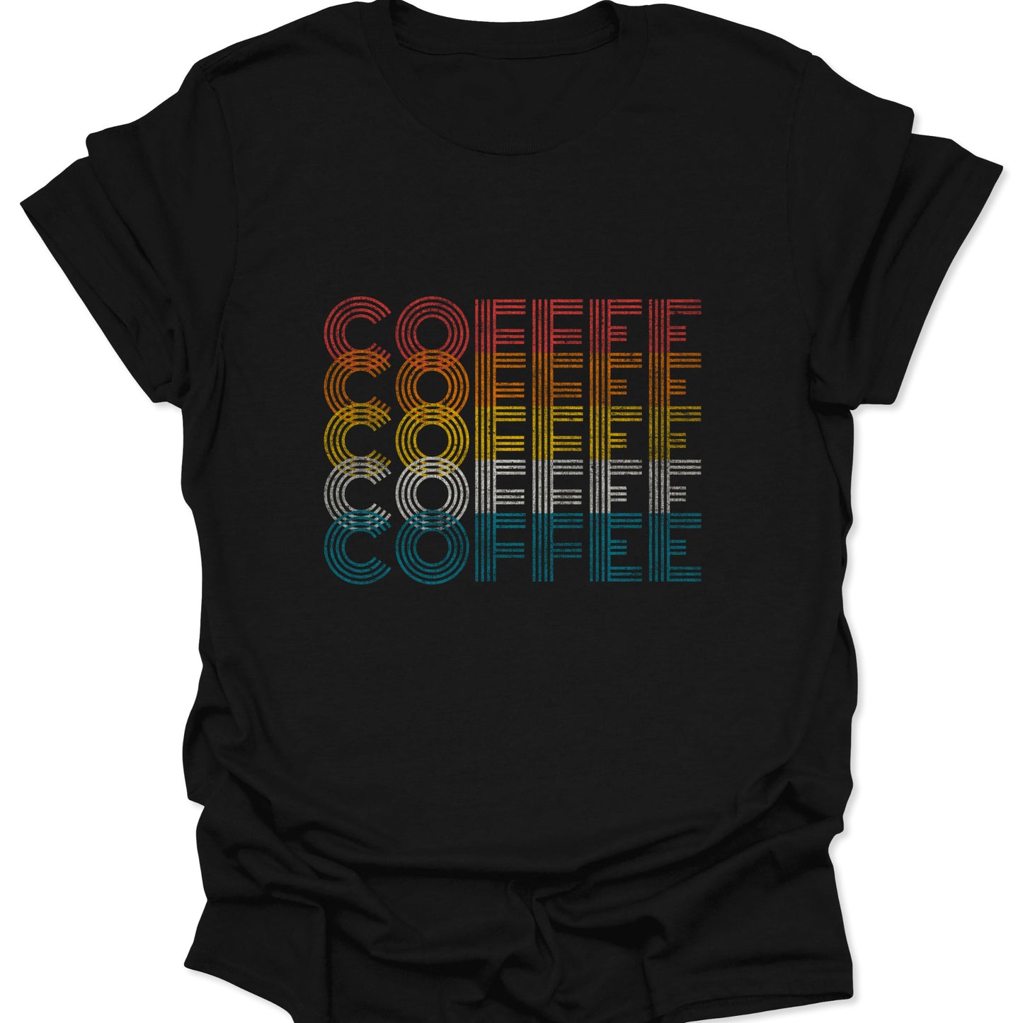 Black t-shirt featuring stacked "COFFEE" text in retro linear red, orange, yellow, white, and teal stripes.