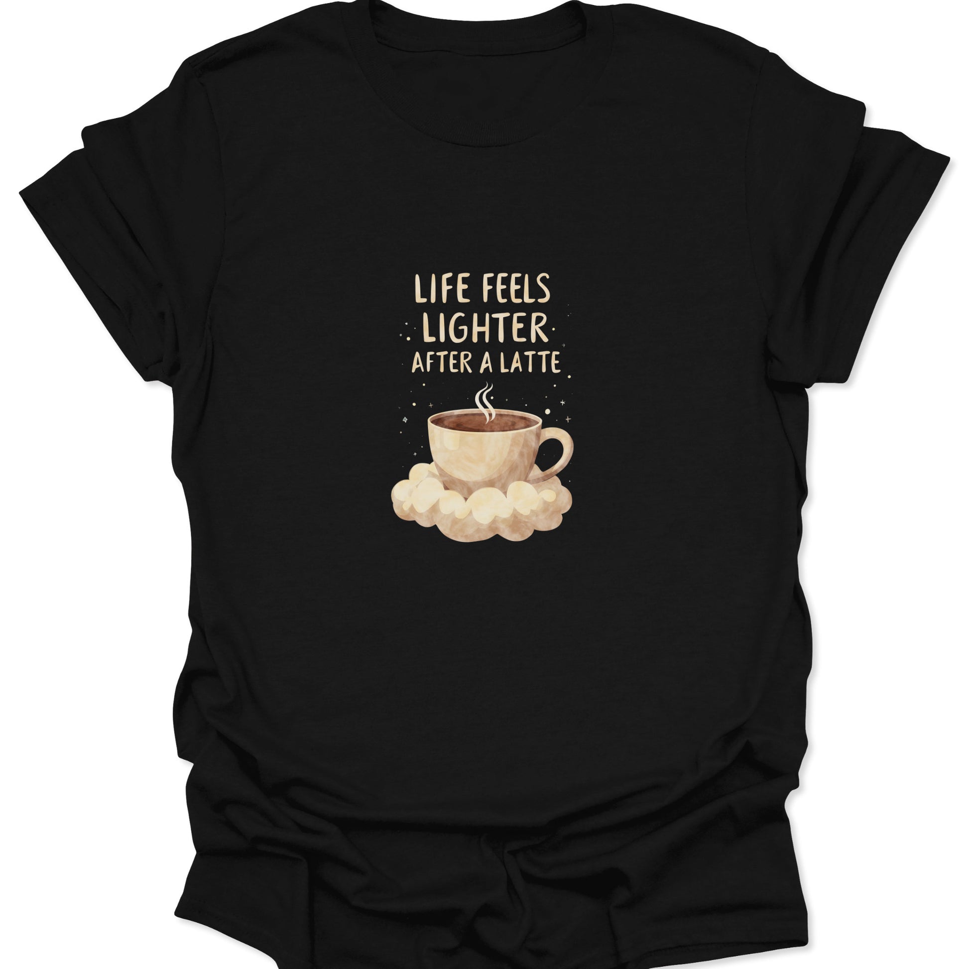 Black t-shirt featuring a watercolor latte cup sitting on clouds with the text Life Feels Lighter After A Latte surrounded by stars.