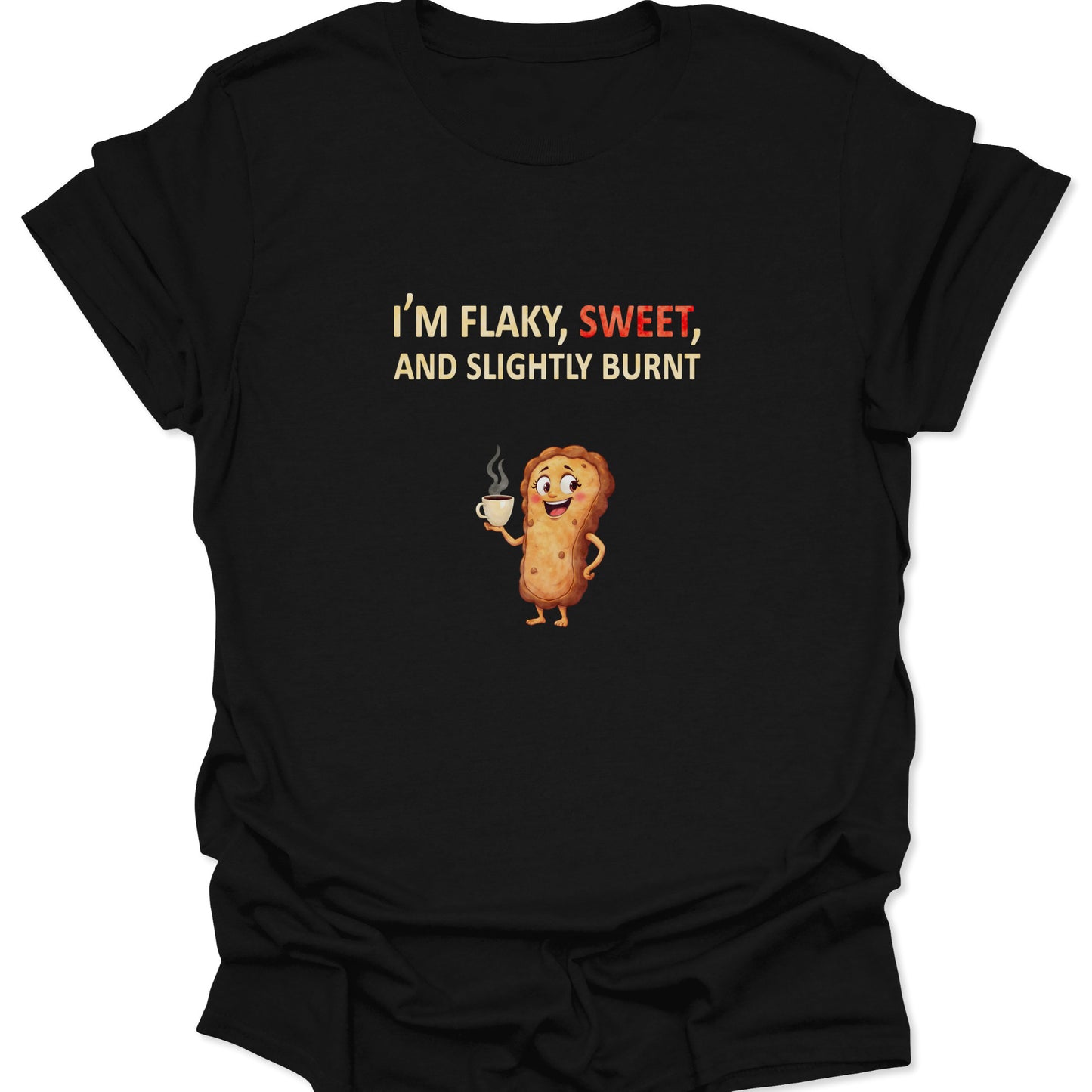 Black t-shirt featuring a cartoon egg tart holding coffee with funny text "I'm Flaky, Sweet, and Slightly Burnt," food humor style.