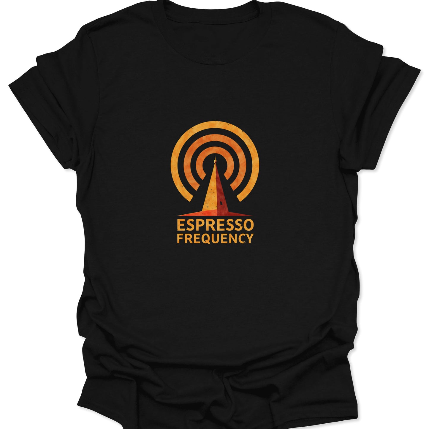 Black t-shirt with a distressed orange and yellow radio tower graphic emitting concentric signal waves and the text "ESPRESSO FREQUENCY."