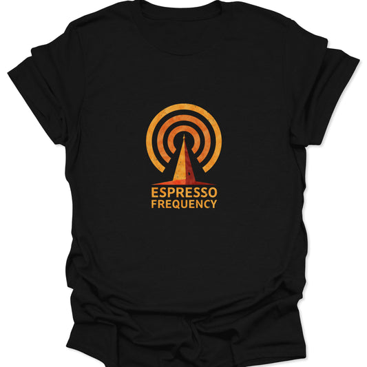 Black t-shirt with a distressed orange and yellow radio tower graphic emitting concentric signal waves and the text "ESPRESSO FREQUENCY."