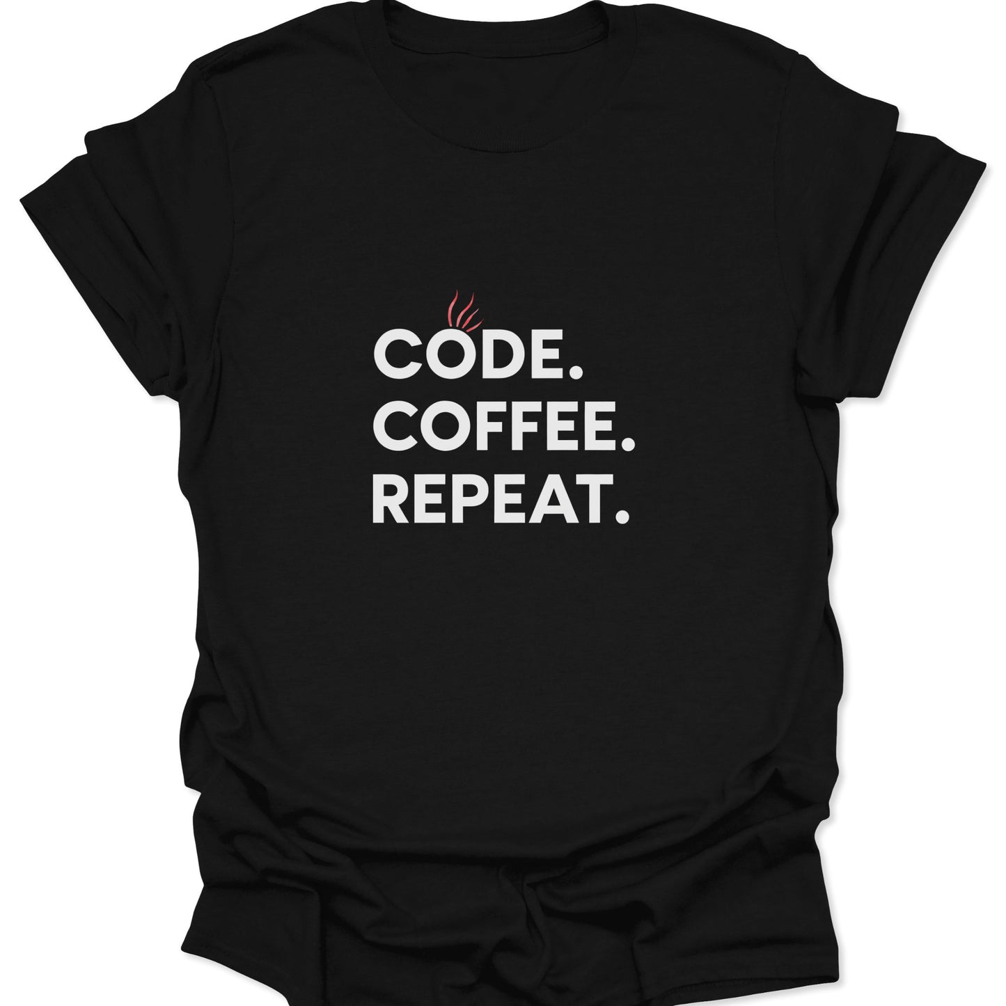 White "Code Coffee Repeat" text with red steam lines centered on a black background.