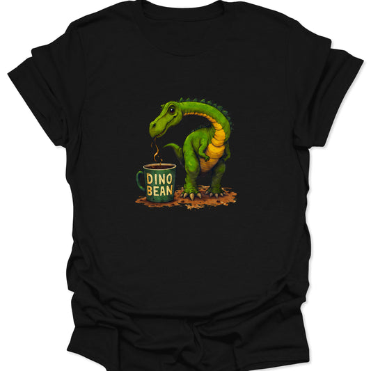 Cinematic graphic of an irritated green dinosaur drinking from a "DINO BEAN" coffee mug on a black graphic t-shirt.
