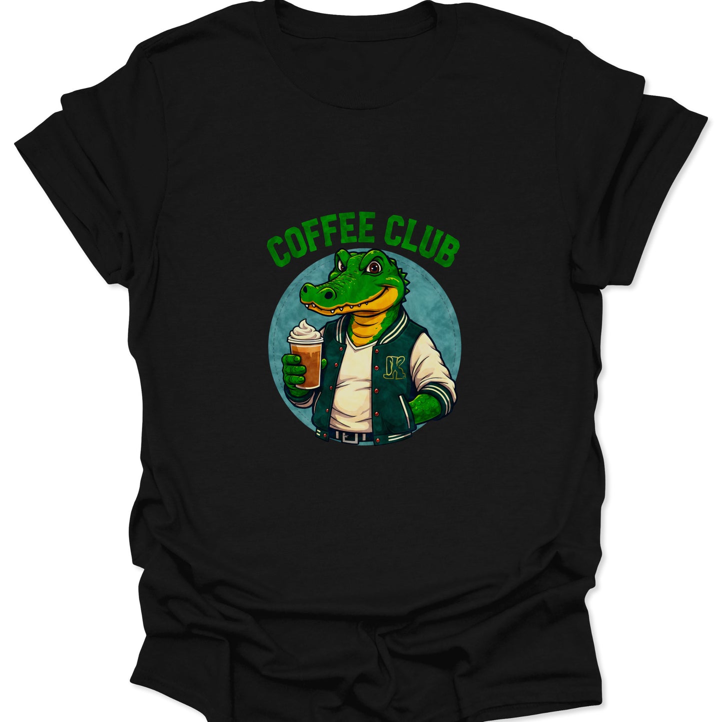 Dark black t-shirt with a centered, high-saturation graphic of a green alligator in a varsity jacket holding an iced coffee drink.