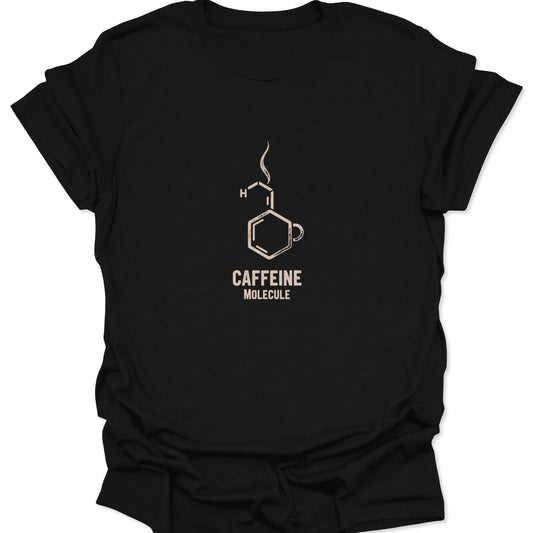 Minimalist pale cream line-art graphic of the caffeine molecule, with its hexagonal structure replaced by a steaming coffee cup, centered on a dark black t-shirt.