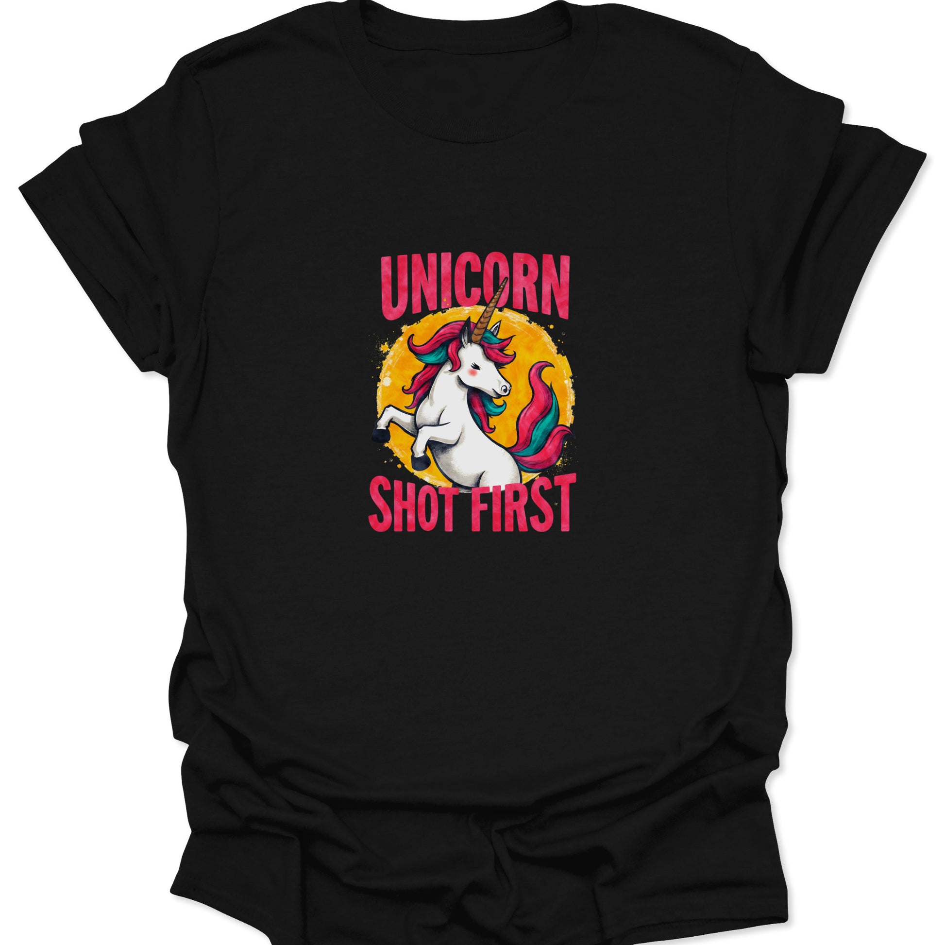 Black graphic tee with bold "Unicorn Shot First" text and vibrant, rearing unicorn over a distressed yellow-orange circle.