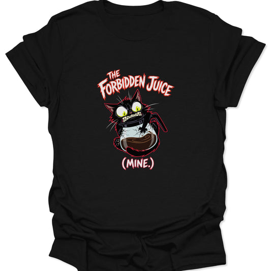 A graphic t-shirt featuring a frantic, wide-eyed black cat clutching a cracked coffee pot with red and white horror-style text on a black background.