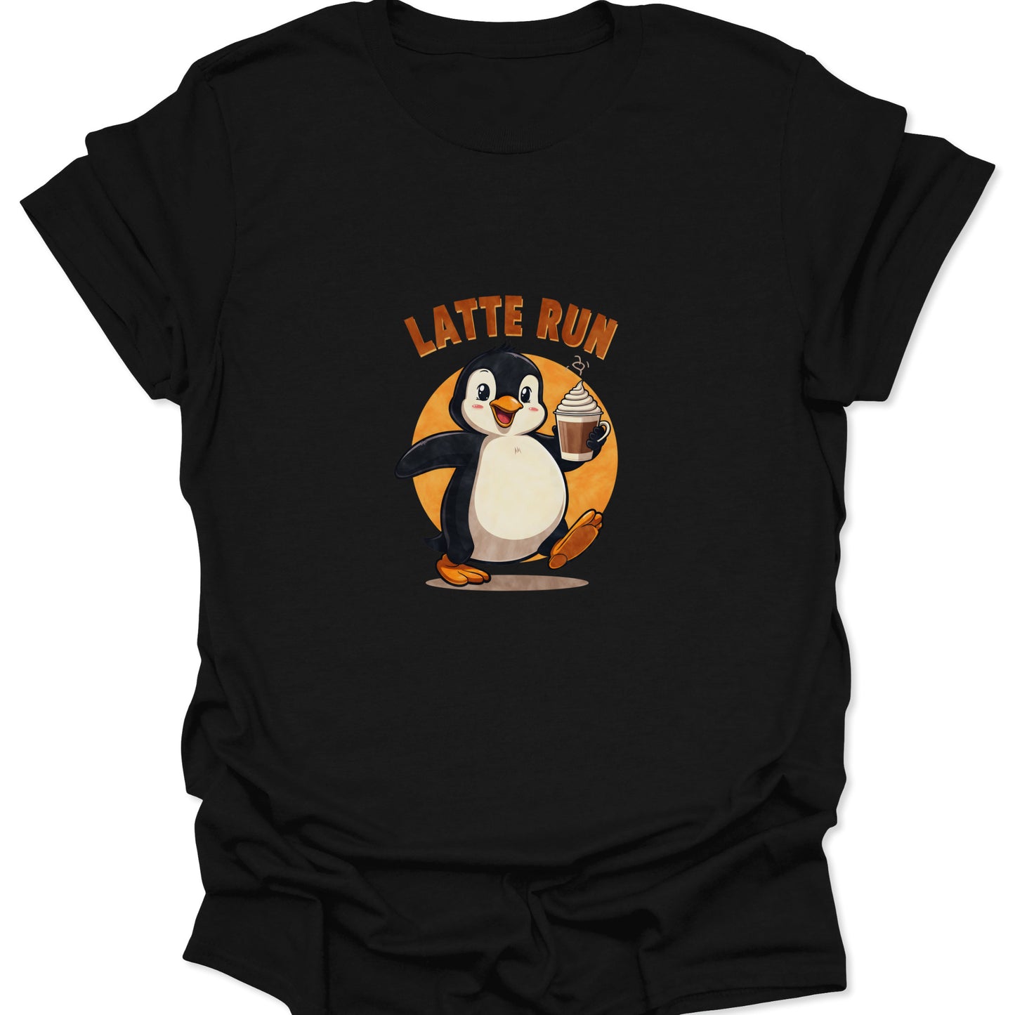 Close-up of black t-shirt with a bold, retro-style graphic of a smiling penguin carrying a latte cup with "LATTE RUN" text.