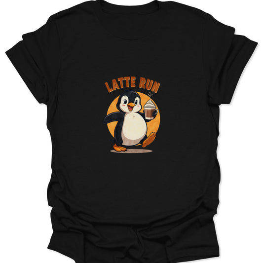 Close-up of black t-shirt with a bold, retro-style graphic of a smiling penguin carrying a latte cup with "LATTE RUN" text.