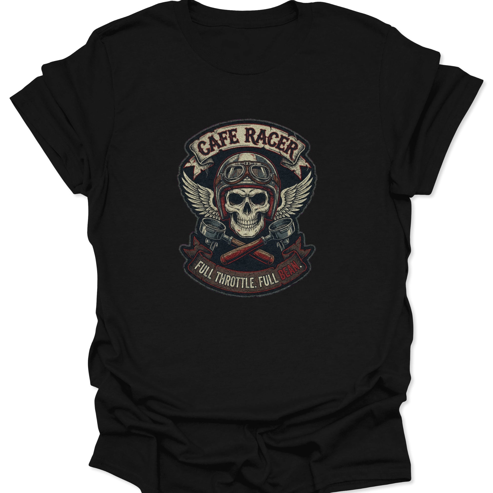 Graphic of a winged skull in a motorcycle helmet with crossed portafilters and "Full Throttle, Full Bean" text on a black t-shirt.