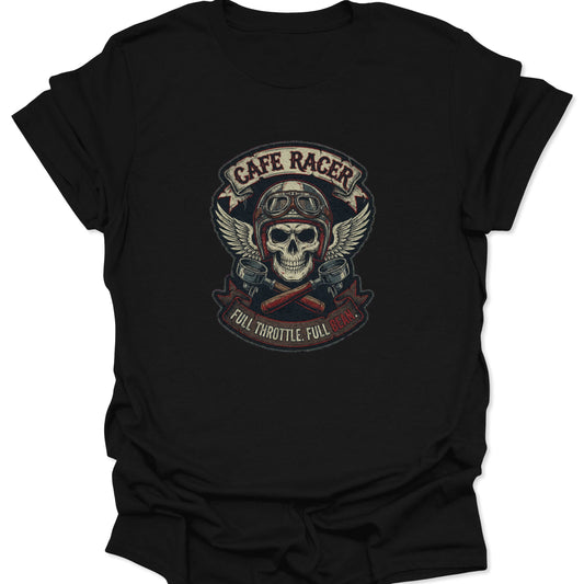 Graphic of a winged skull in a motorcycle helmet with crossed portafilters and "Full Throttle, Full Bean" text on a black t-shirt.