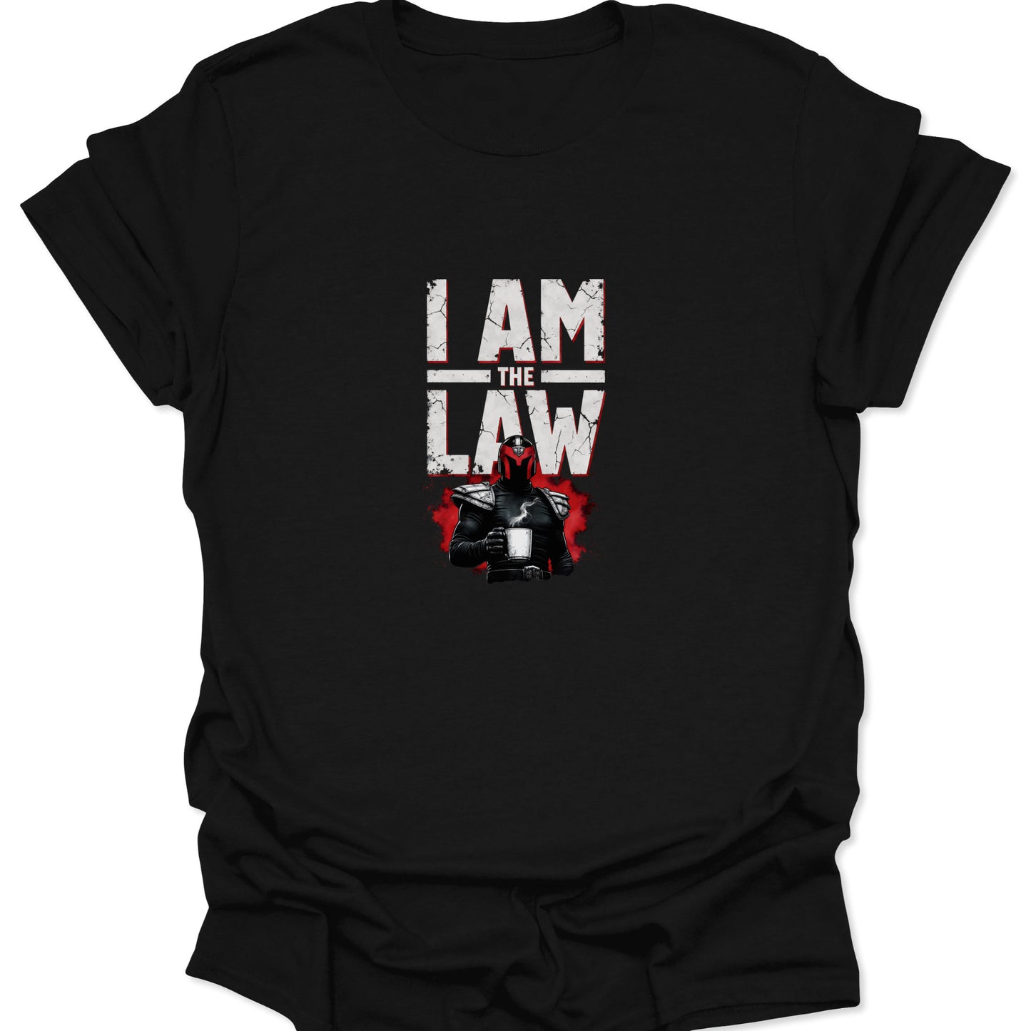 A black graphic tee featuring a futuristic judge in a helmet holding a steaming coffee mug under the bold white text "I AM THE LAW."