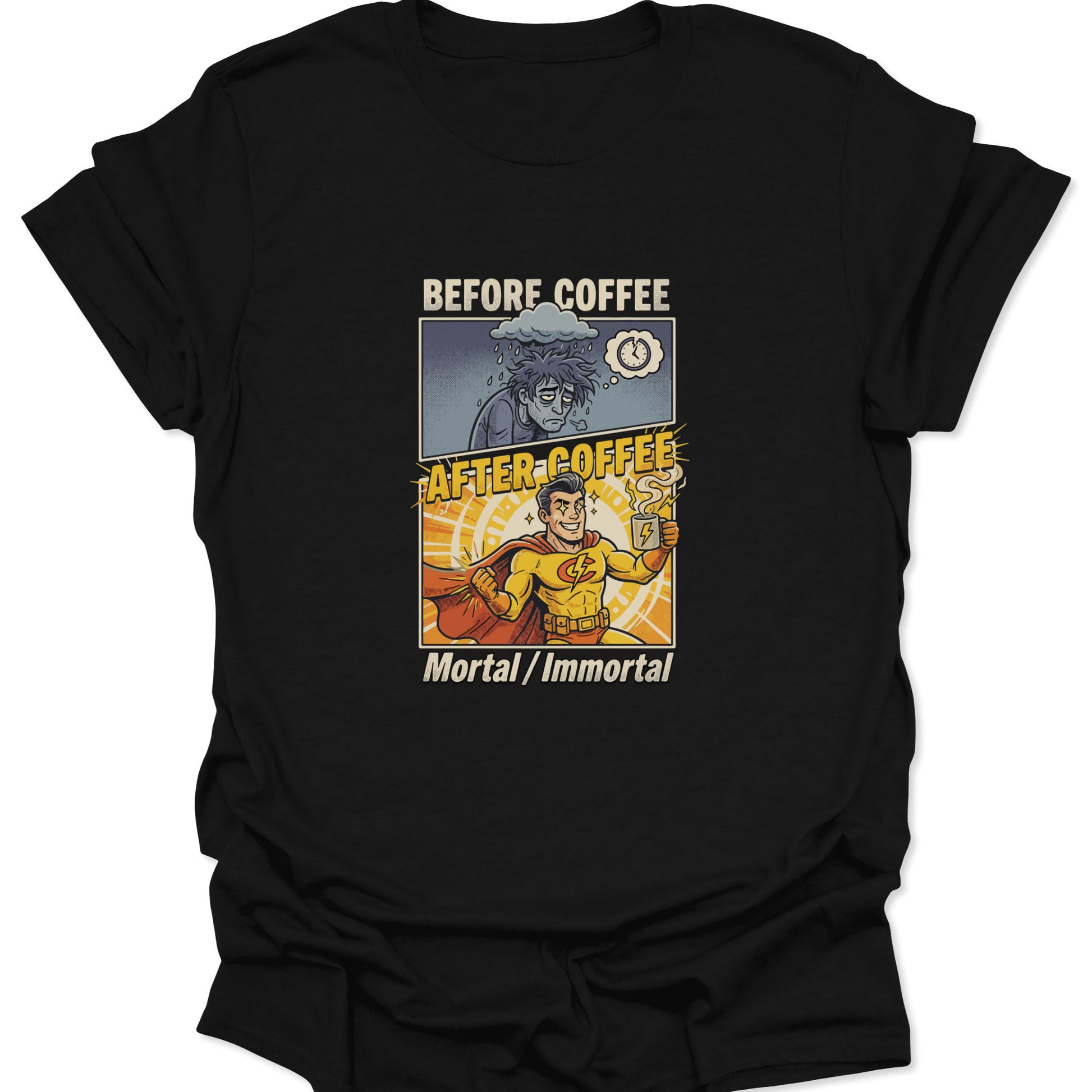 Graphic tee on a black fabric background featuring a split-screen comic illustration of a tired man turning into a coffee-powered superhero.