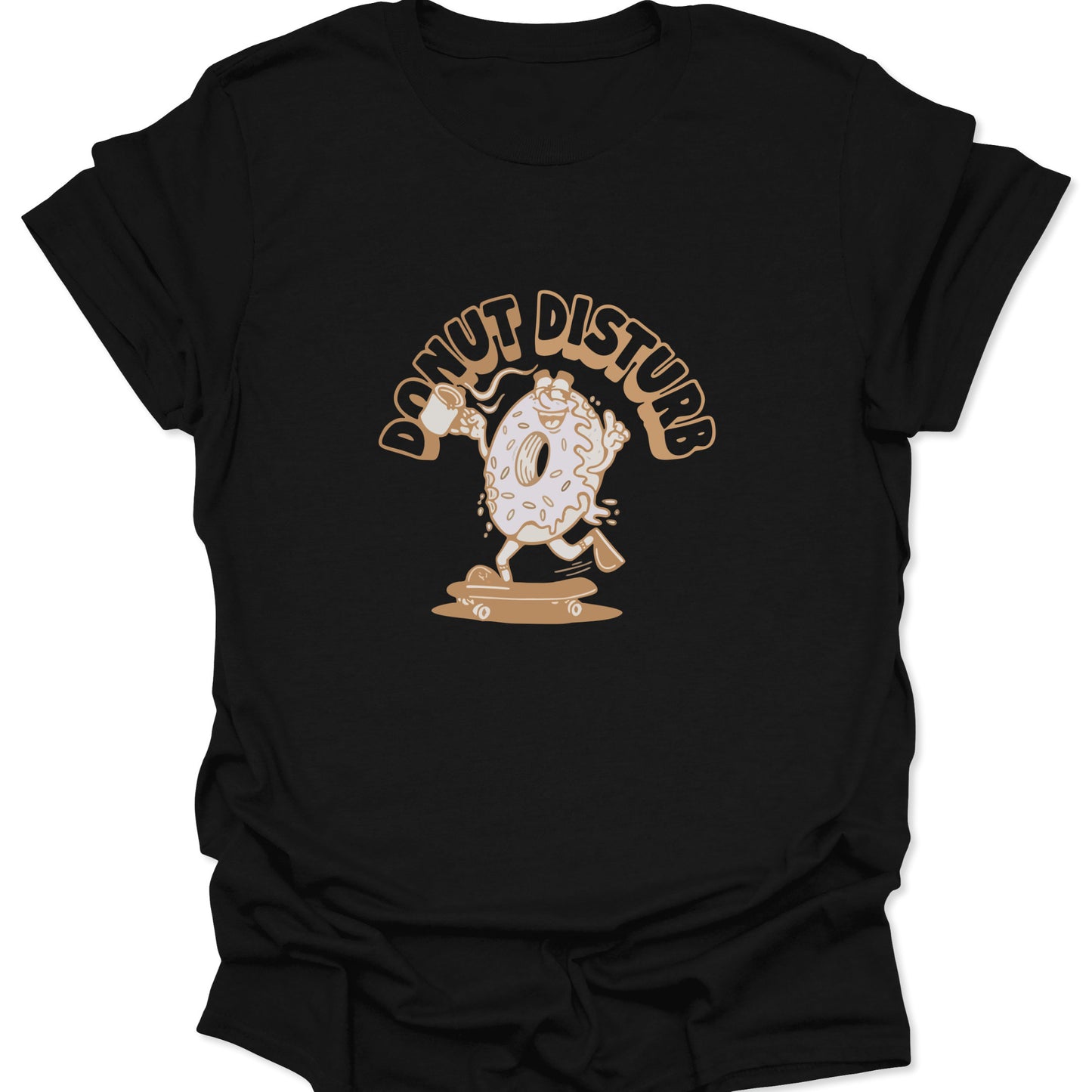 Graphic tee on black fabric featuring a cartoon donut character skateboarding with a coffee mug and "Donut Disturb" text in tan.