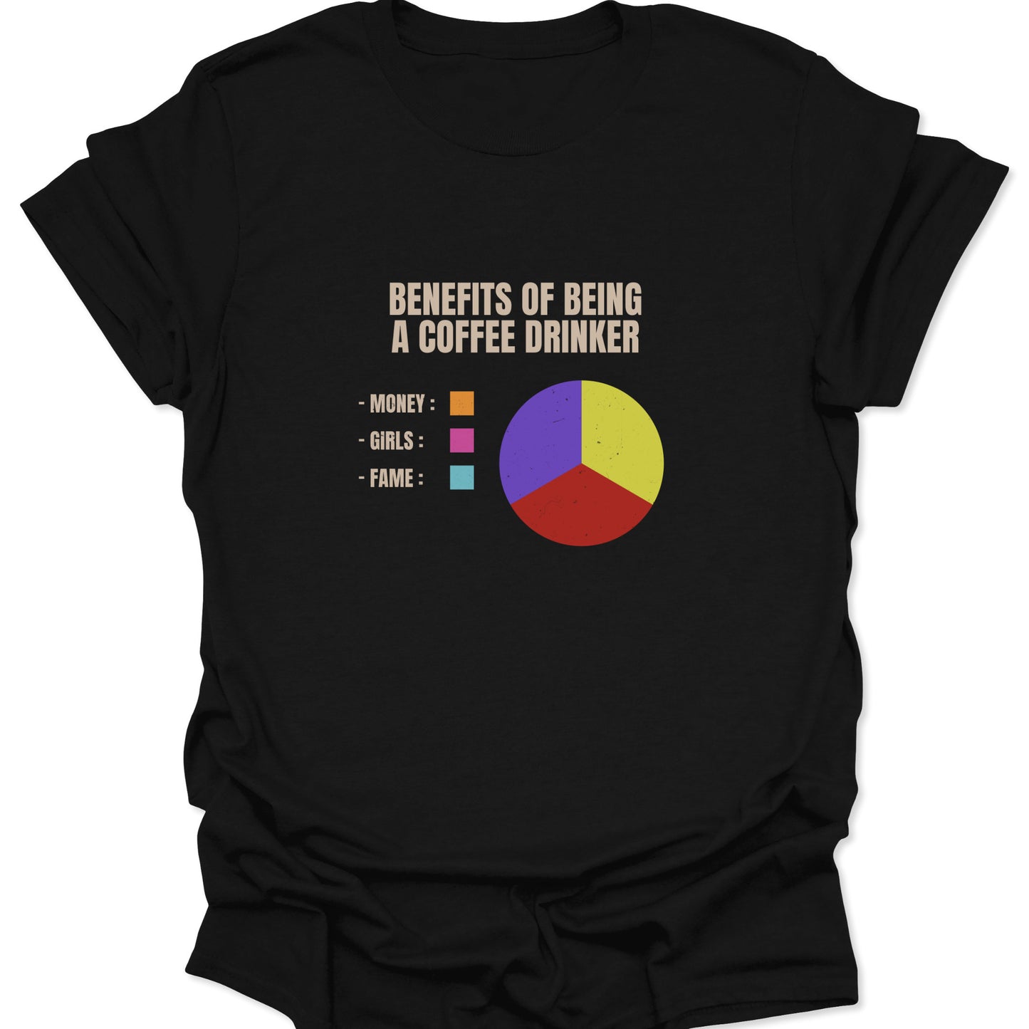A black graphic tee featuring a colorful "Benefits of Being a Coffee Drinker" pie chart design with mismatched legend colors for a humorous effect.