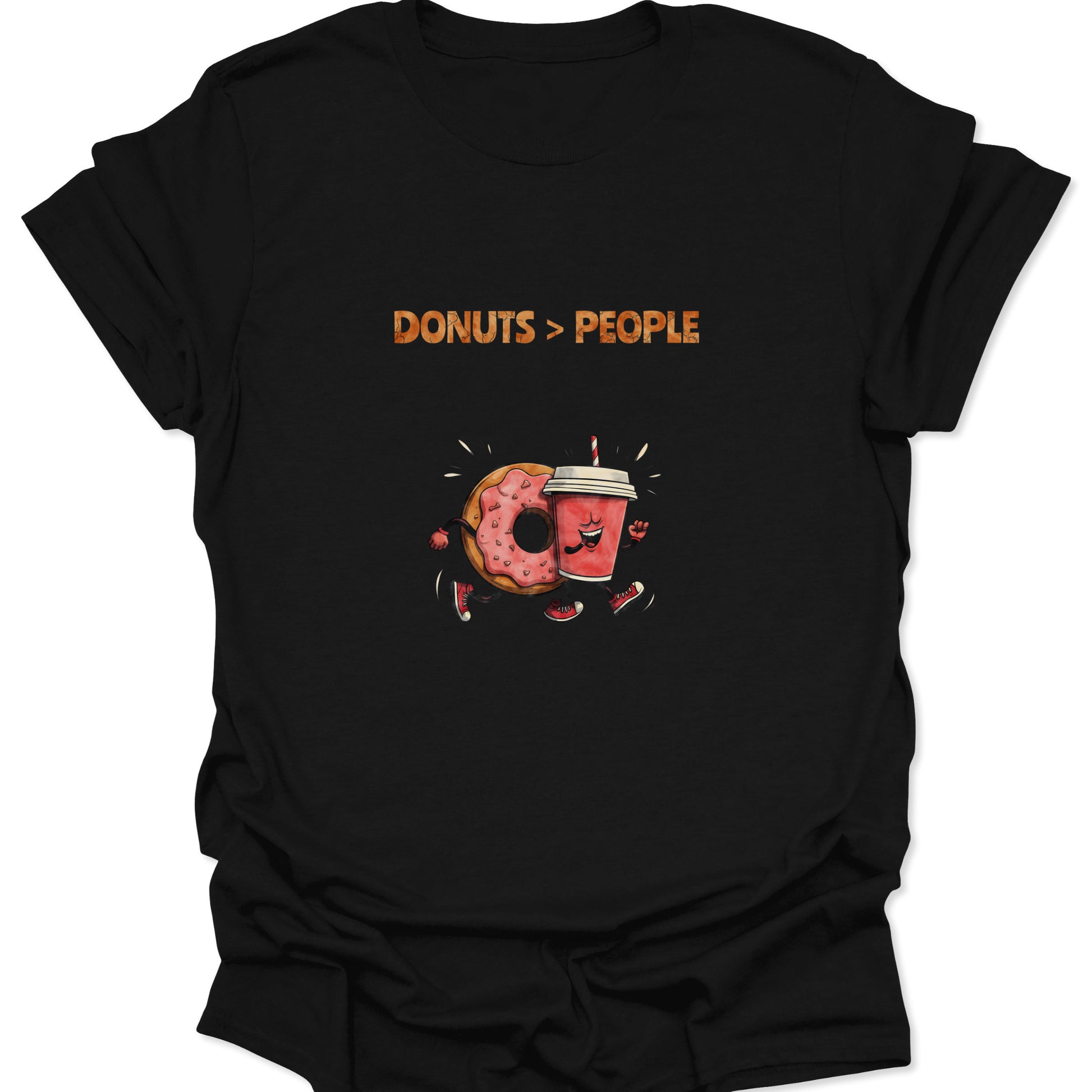 Retro cartoon donut and soda cup running with text Donuts Greater Than People on a black t-shirt.