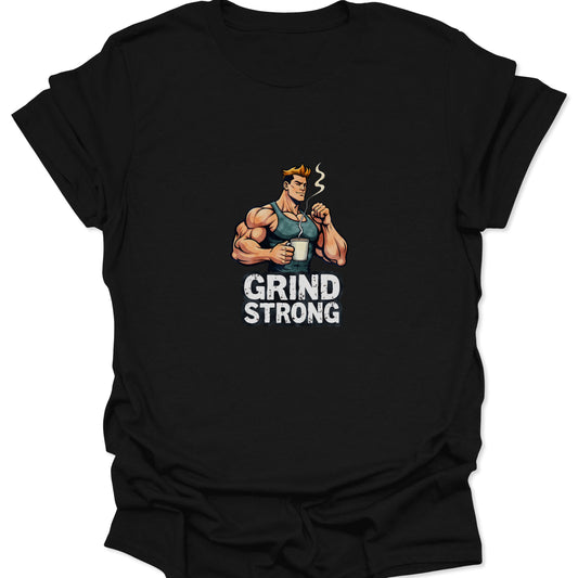 Black t-shirt with a graphic of a muscular man and 'Grind Strong' text on a white background