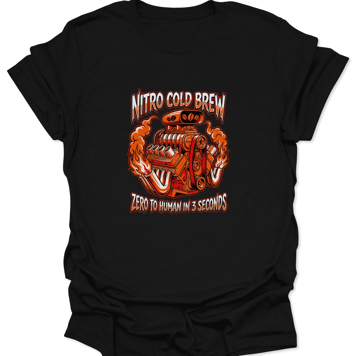 A black t-shirt featuring an orange and chrome V8 engine graphic with coffee bean details and "Nitro Cold Brew" text.
